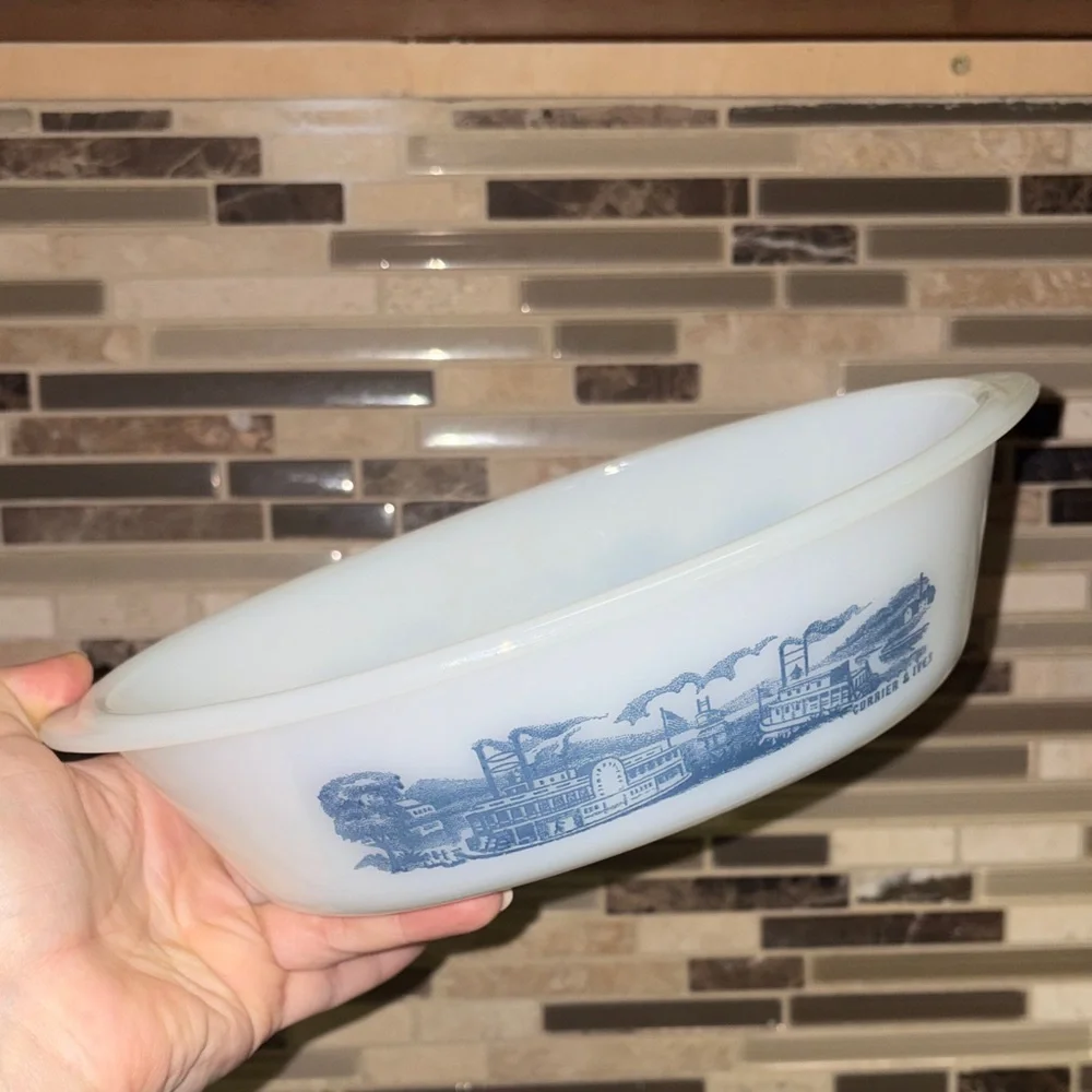 Glasbake Currier And Ives Vintage Steamboat 1 Quart Milk Glass Casserole Dish